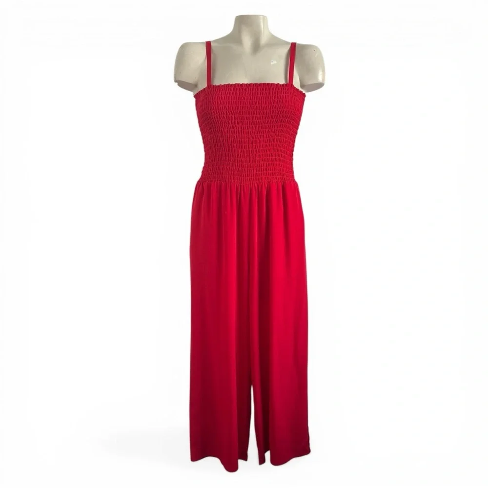 1. STATE RED SMOCKED WIDE LEG SUMMER TRAVEL PANT JUMPSUIT SZ M - Picture 2 of 5